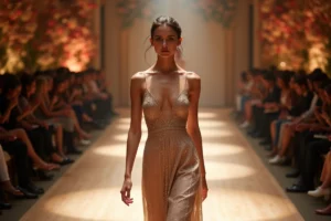 Jeune mannequin marche sur le runway lors d un défilé de mode