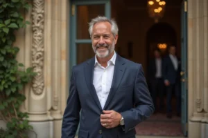 Homme élégant en blazer marine souriant devant un lieu de mariage parisien en pierre ornée