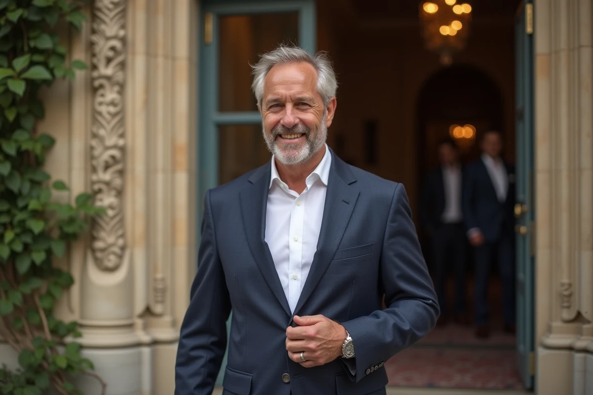 Homme élégant en blazer marine souriant devant un lieu de mariage parisien en pierre ornée