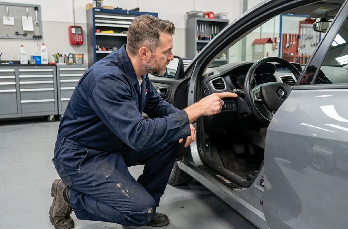 Mécanicien expliquant les voyants du tableau de bord d'une Clio 3 dans un garage automobile