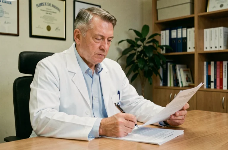 Médecin généraliste en consultation examinant un dossier médical pour une prescription de traitement neurologique en France