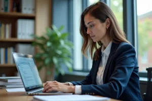 Enseignante utilisant la messagerie professionnelle de l'académie de Strasbourg sur un ordinateur portable dans un bureau académique moderne