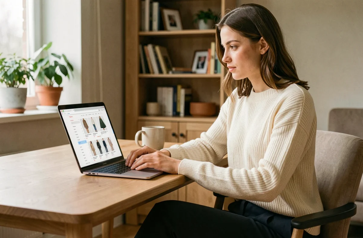 Jeune femme naviguant sur le site FashionUp depuis un ordinateur portable dans un bureau moderne et épuré