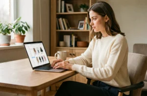 Jeune femme naviguant sur le site FashionUp depuis un ordinateur portable dans un bureau moderne et épuré