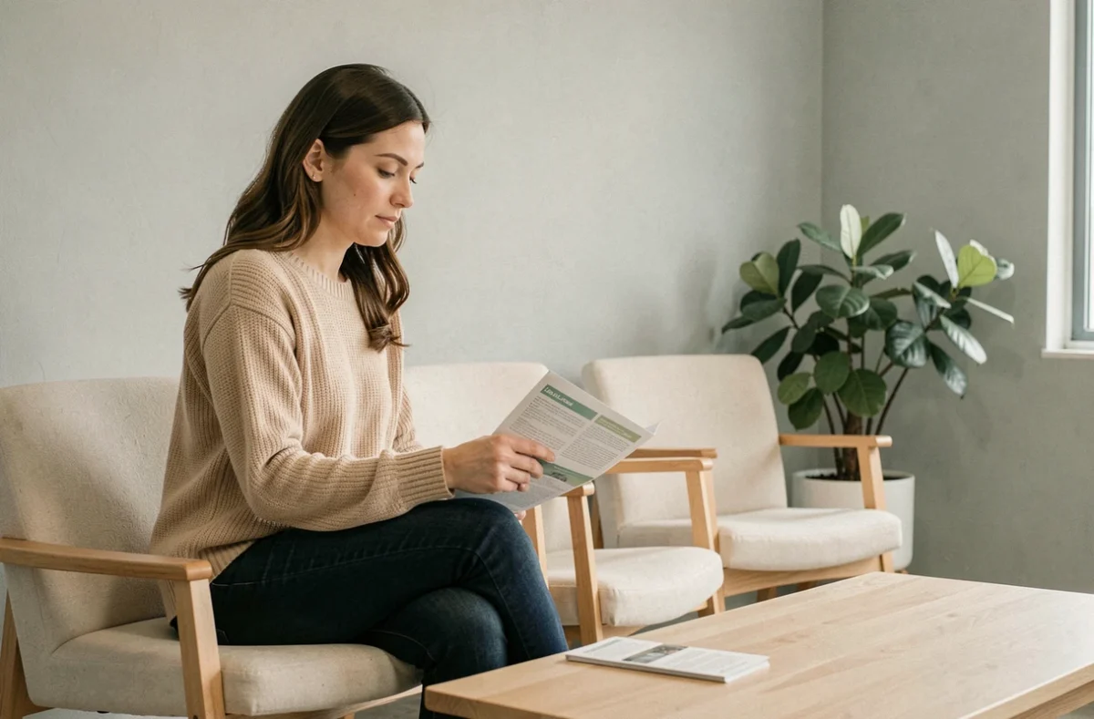 Patiente dans une salle d'attente de neurologie consultant une brochure sur les démarches pour obtenir une prescription médicale spécialisée en France