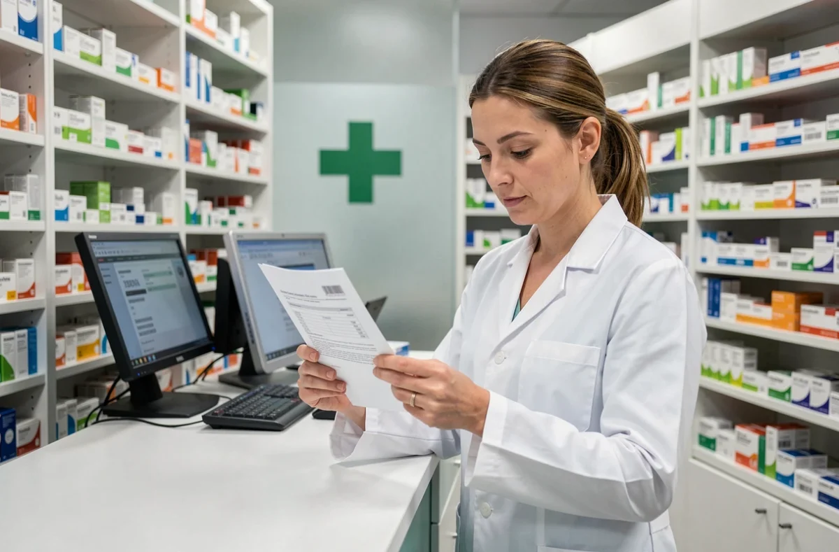 Pharmacienne française lisant une ordonnance médicale au comptoir d'une pharmacie pour délivrer un traitement spécialisé