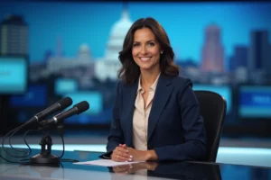 Présentatrice de télévision d'origine multiculturelle assise au bureau d'un plateau professionnel, regard assuré face caméra