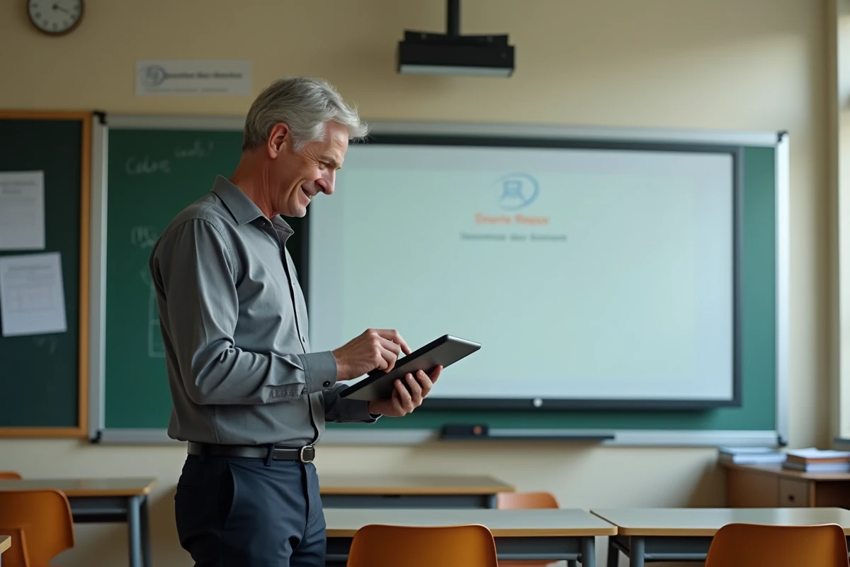 Professeur consultant sa messagerie académique sur une tablette dans un espace de travail de lycée en Alsace