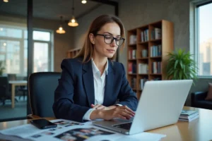 Professionnelle en blazer consultant des ressources numériques sur laptop dans un bureau moderne