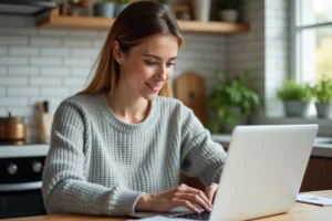 Femme effectuant une demande de remboursement mutuelle Pacifica en ligne depuis son ordinateur portable à la maison