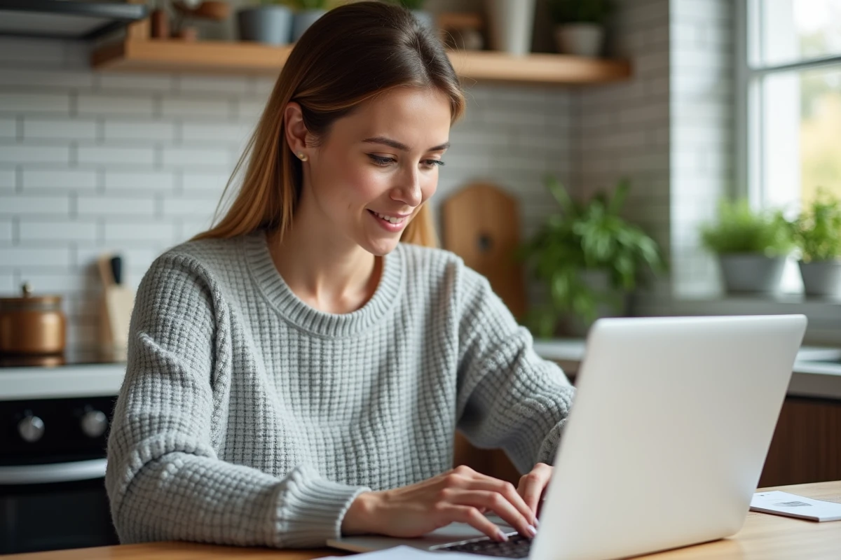 Femme effectuant une demande de remboursement mutuelle Pacifica en ligne depuis son ordinateur portable à la maison