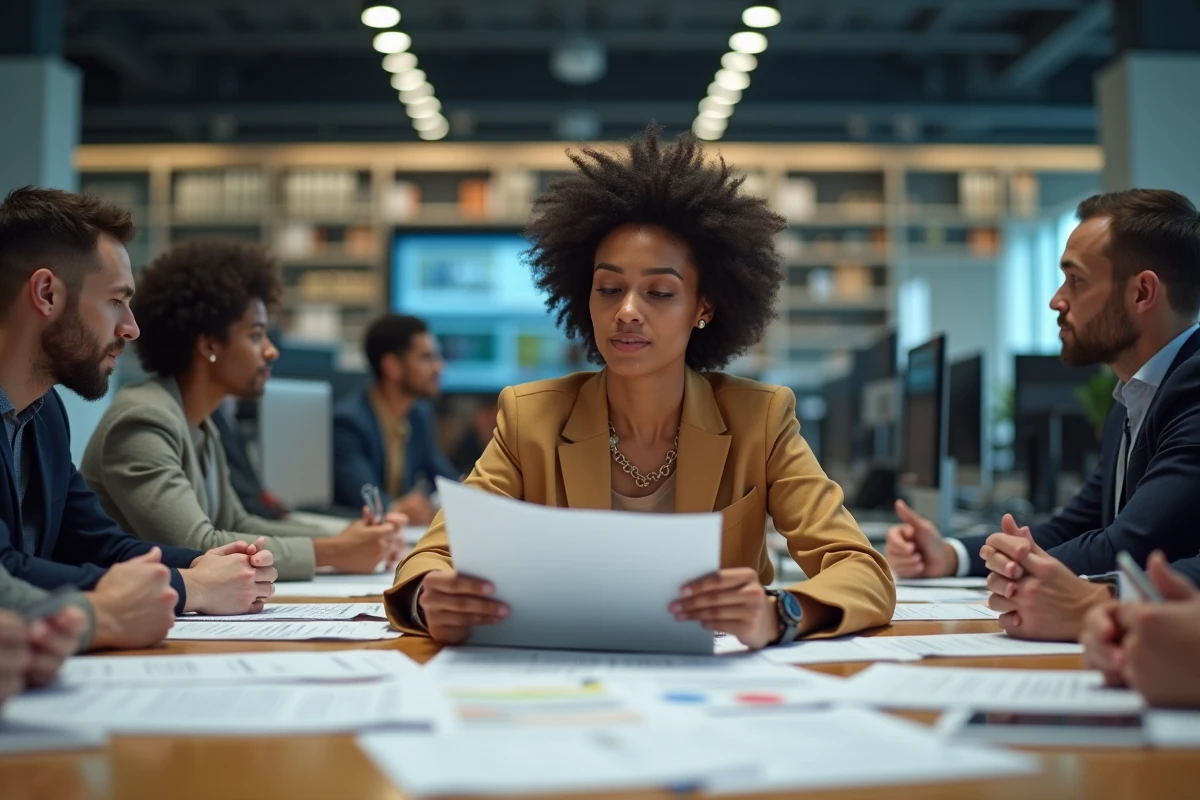Journaliste multiculturelle en réunion de rédaction dans un newsroom moderne, entourée de collègues lors d'une séance de travail