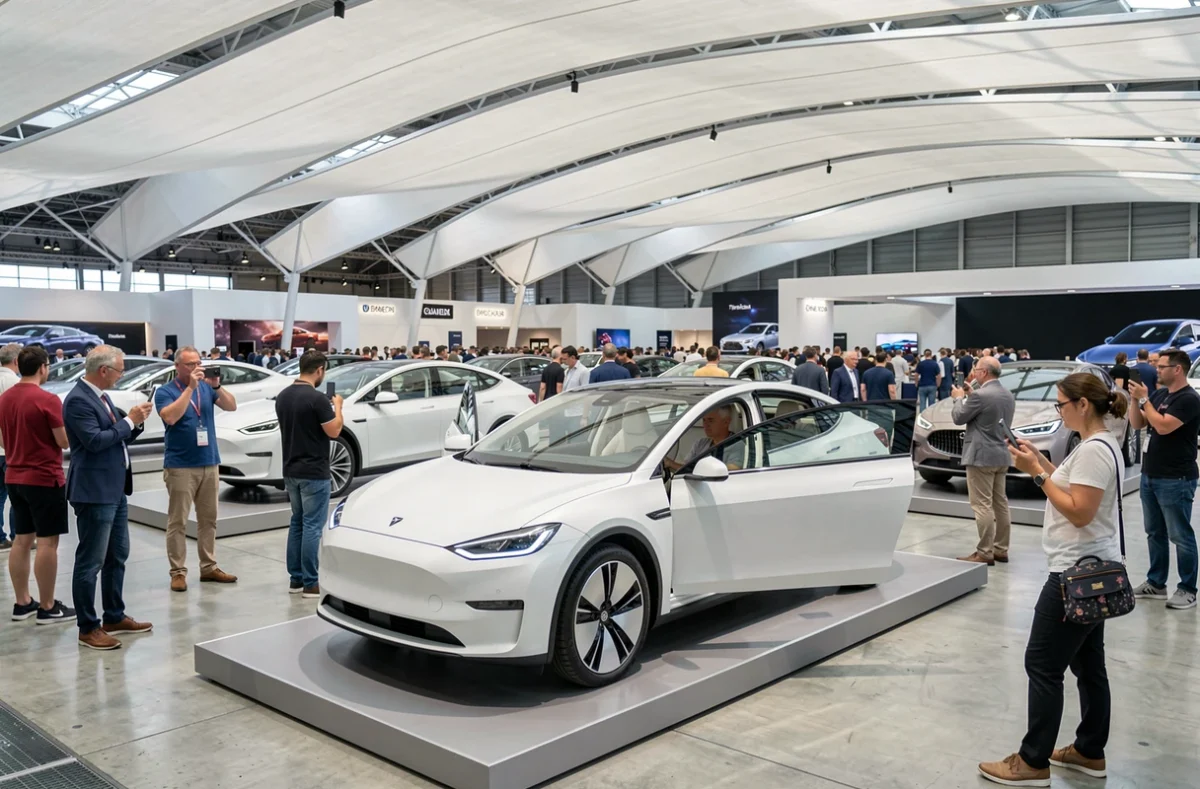 Salon automobile international avec des visiteurs découvrant des voitures électriques et des concepts cars sur des podiums dans un grand hall moderne