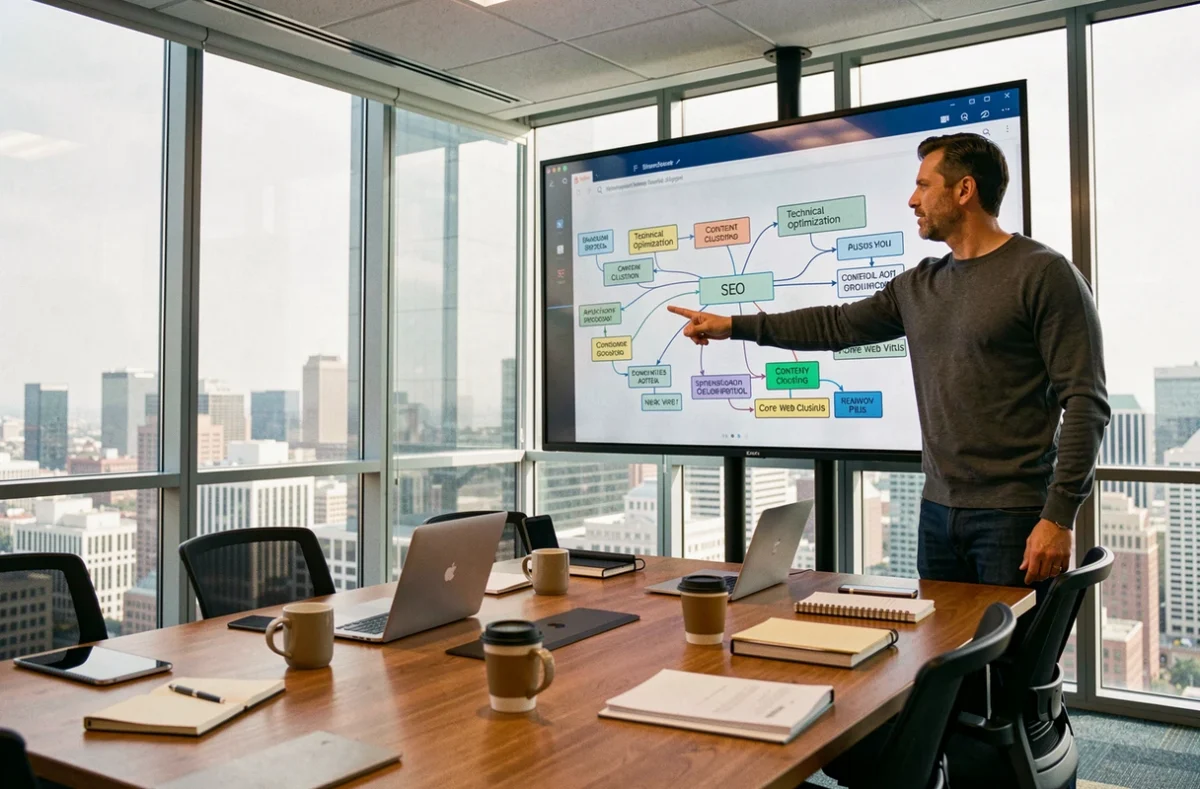 Expert en stratégie SEO présentant les nouvelles tendances du référencement naturel 2024 lors d'un atelier en salle de réunion moderne