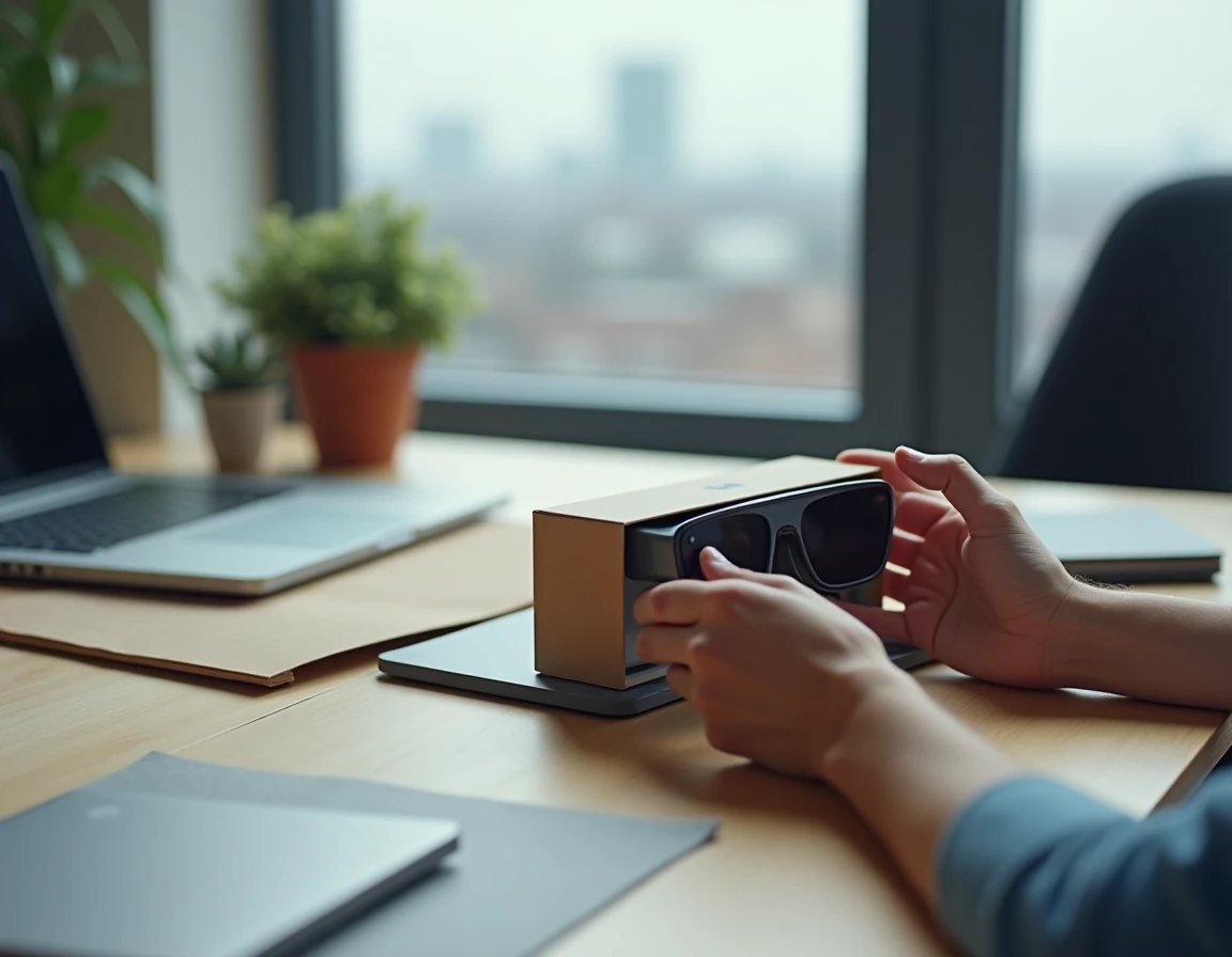 Unboxing de lunettes de réalité augmentée haut de gamme sur un bureau minimaliste en chêne blanc