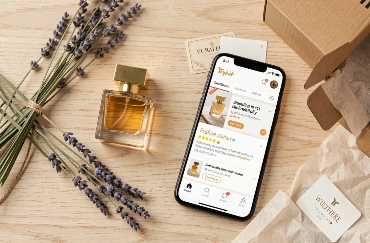 Vue de dessus d'un unboxing de parfum commandé en ligne avec un flacon élégant, un smartphone affichant un site de parfumerie et des accessoires de présentation